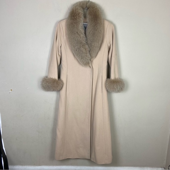Vintage cream cashmere blend with fox fur maxi frock coat size 4 - Picture 2 of 11
